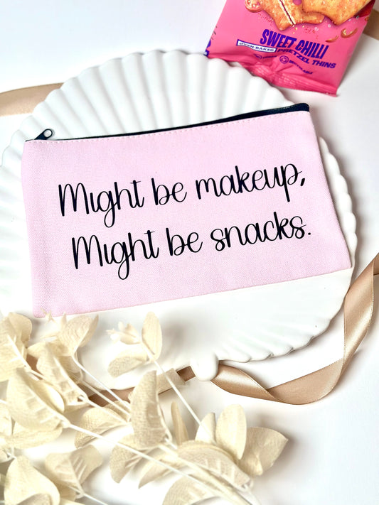 'Might Be Makeup, Might Be Snacks' Pink & Black Zip Pouch