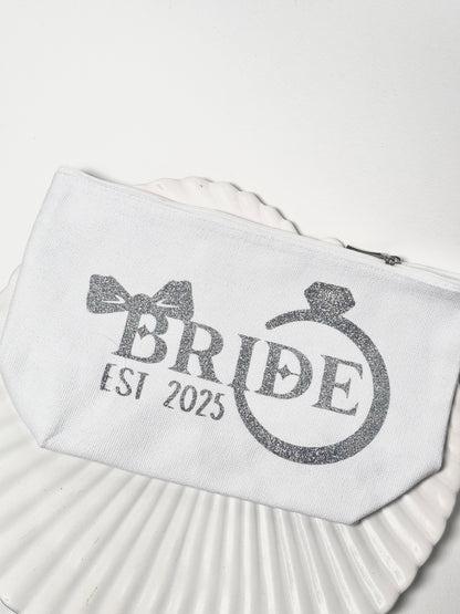 'Bride EST. 25' Silver Glitter Pouch
