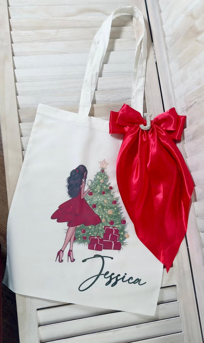 Personalised Girl In Red Dress Merry Christmas Tote Bag With Bow