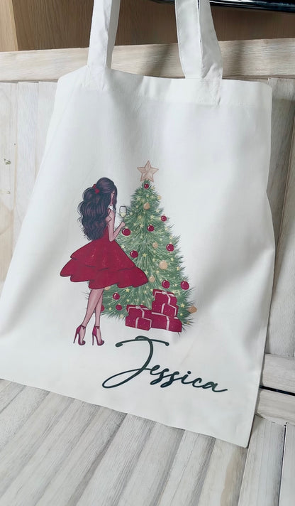 Personalised Girl In Red Dress Merry Christmas Tote Bag With Bow