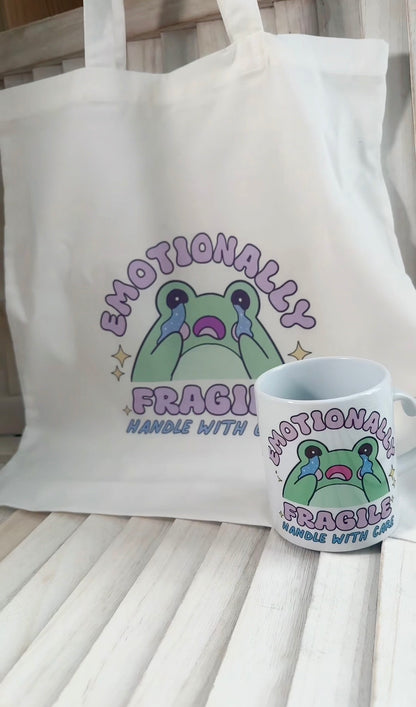 Emotionally Fragile Printed Large Tote Bag With Mug Bundle