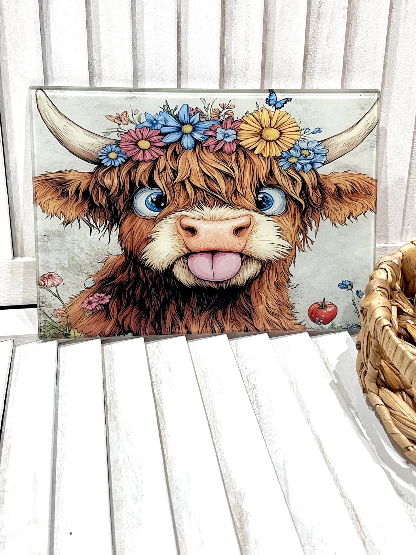 Funny Novelty Floral Highland Cow Chopping Glass Board For Drinks, Hair Tools Etc
