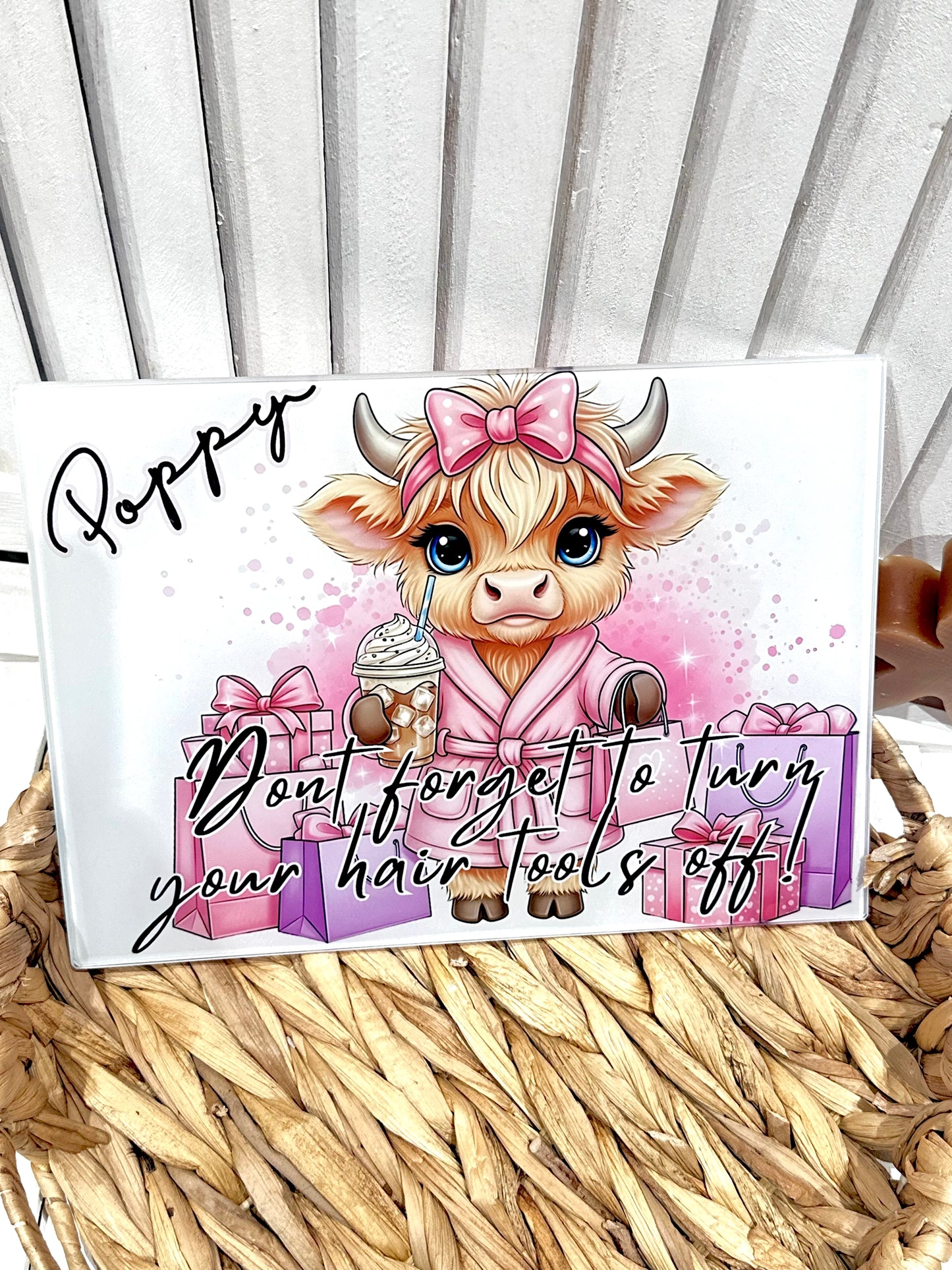 Personalised Highland Cow 'Dont Forget To Turn Off Your Hair Tools Off' Glass Board