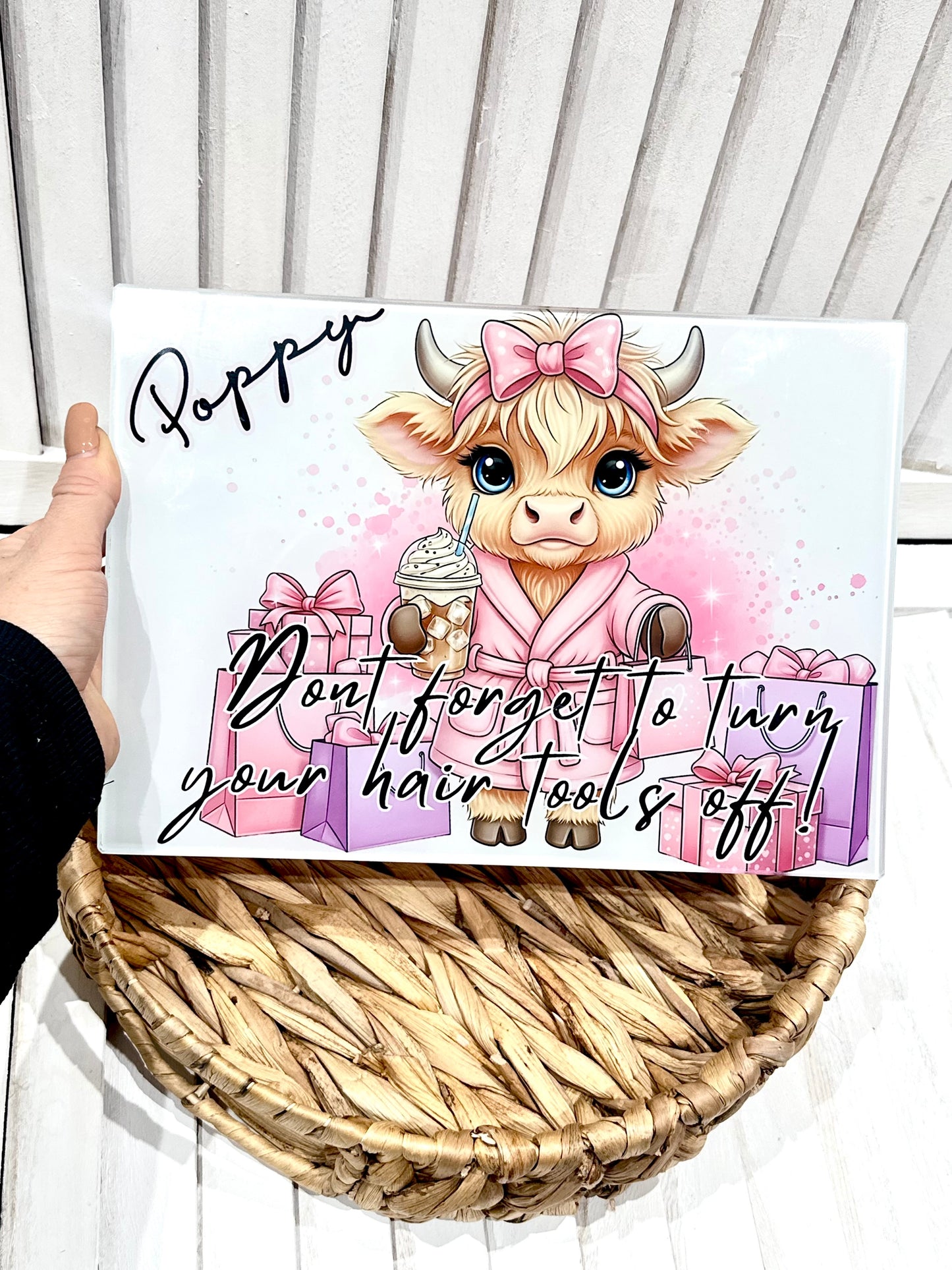Personalised Highland Cow 'Dont Forget To Turn Off Your Hair Tools Off' Glass Board