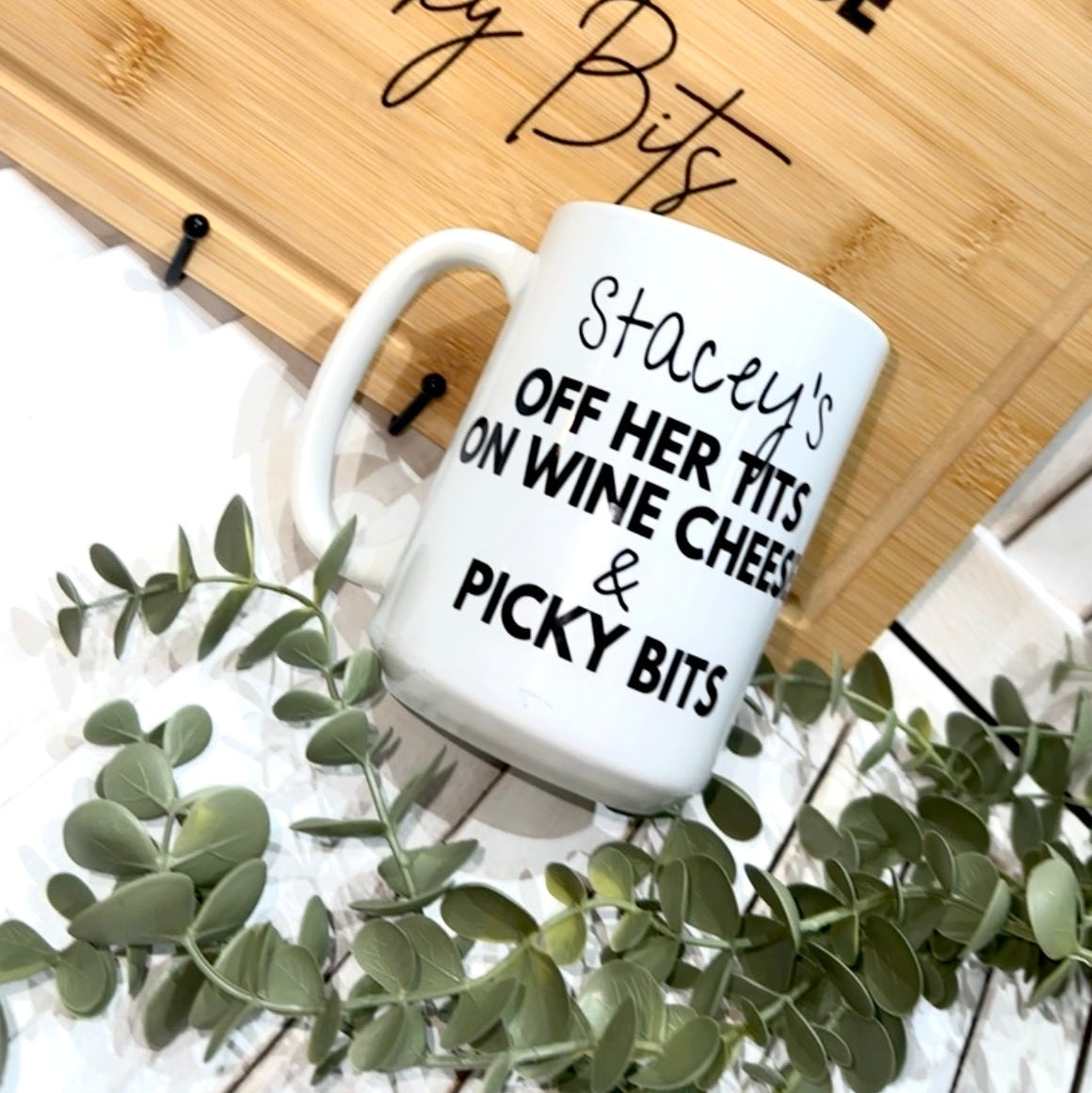 Personalised Off Her Tits on Wine, Cheese & Picky Bits Novelty Funny Mug