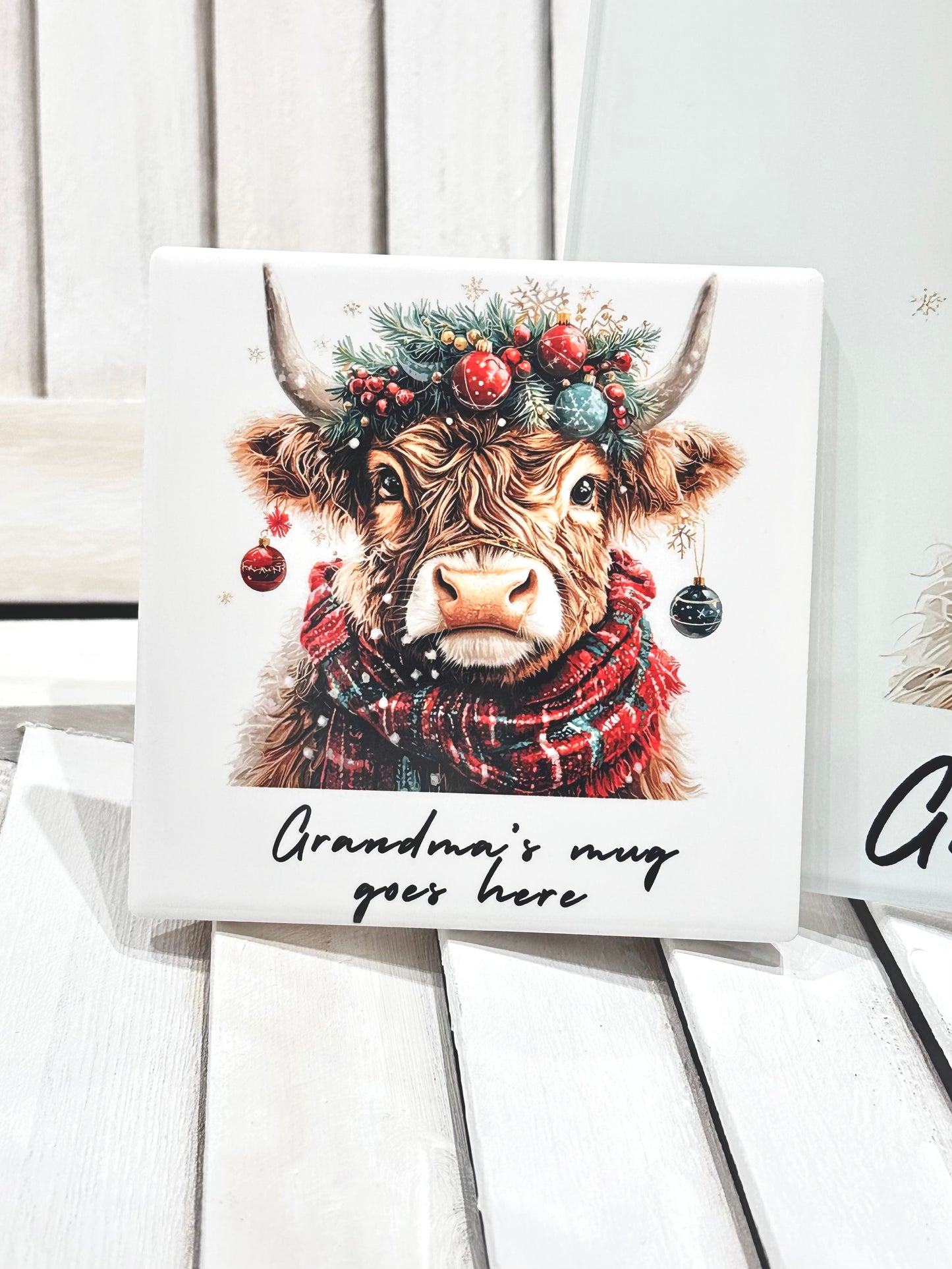 Personalised Christmas Highland Cow Ceramic Coaster