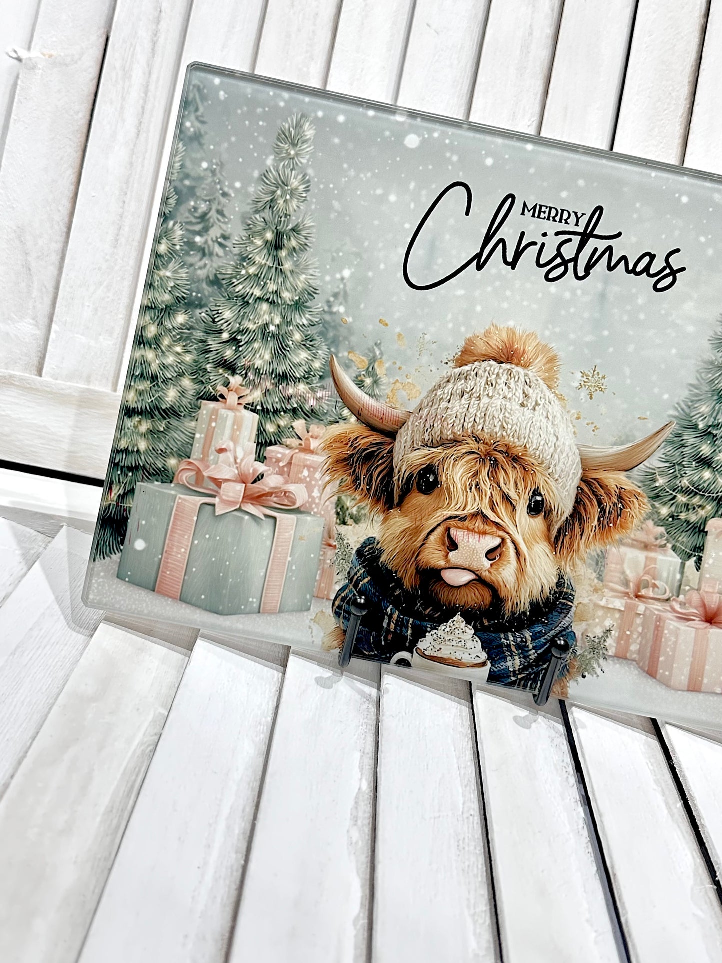 Merry Christmas Highland Cow Chopping Board