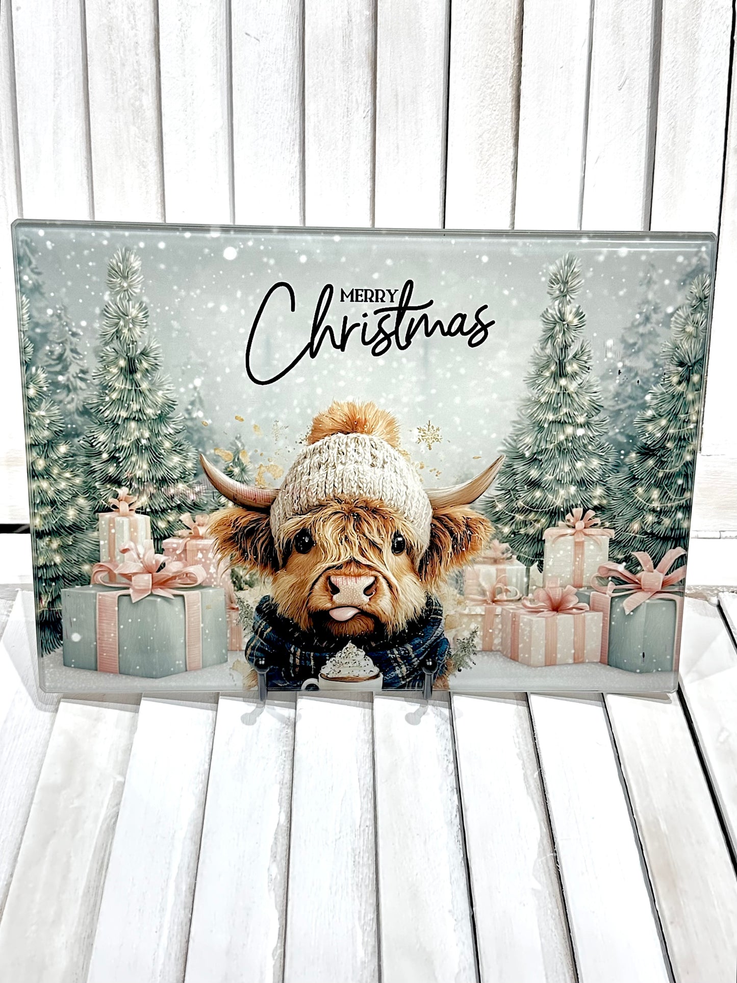 Merry Christmas Highland Cow Chopping Board