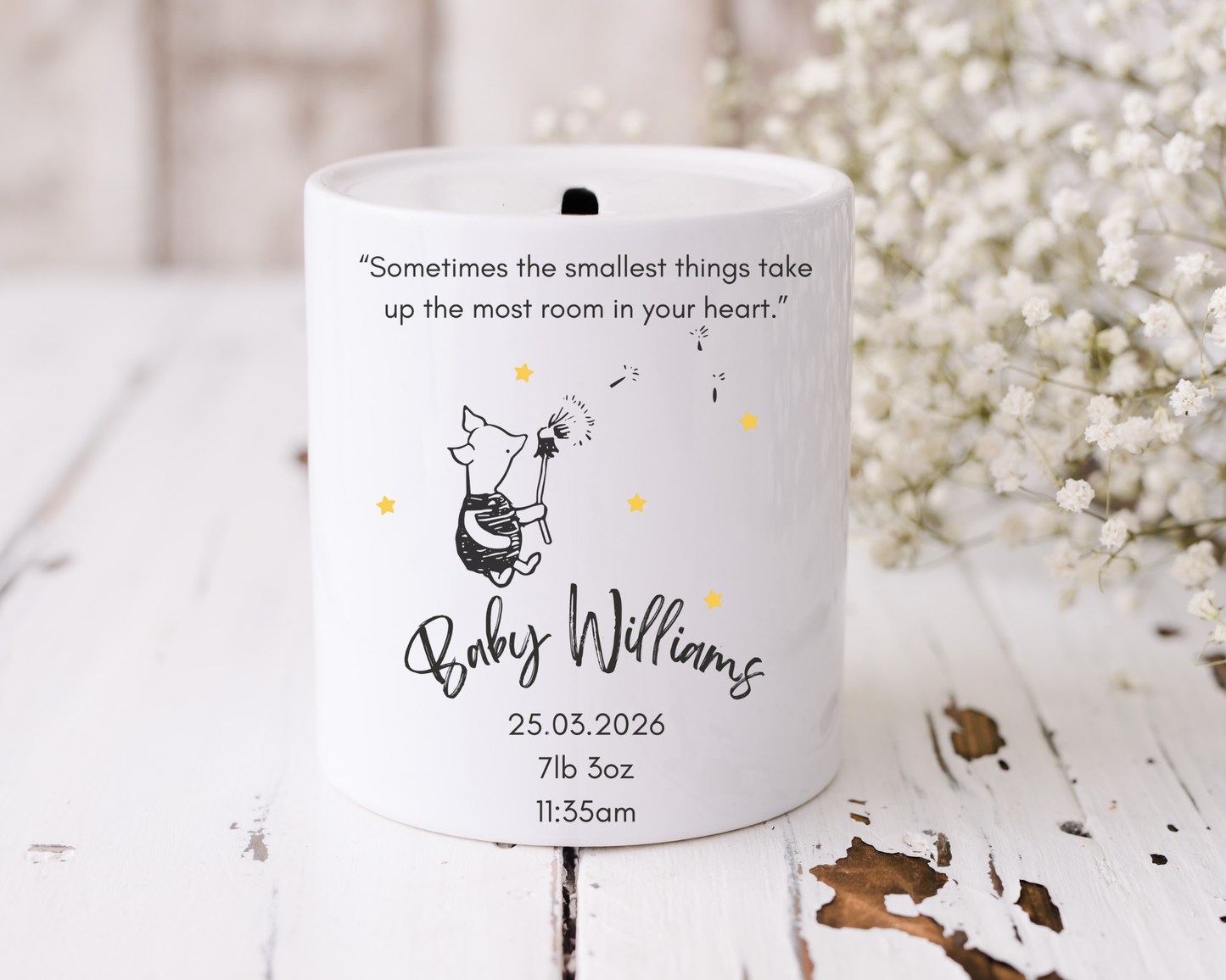 Personalised New Baby Classic Winnie Quote Money Box