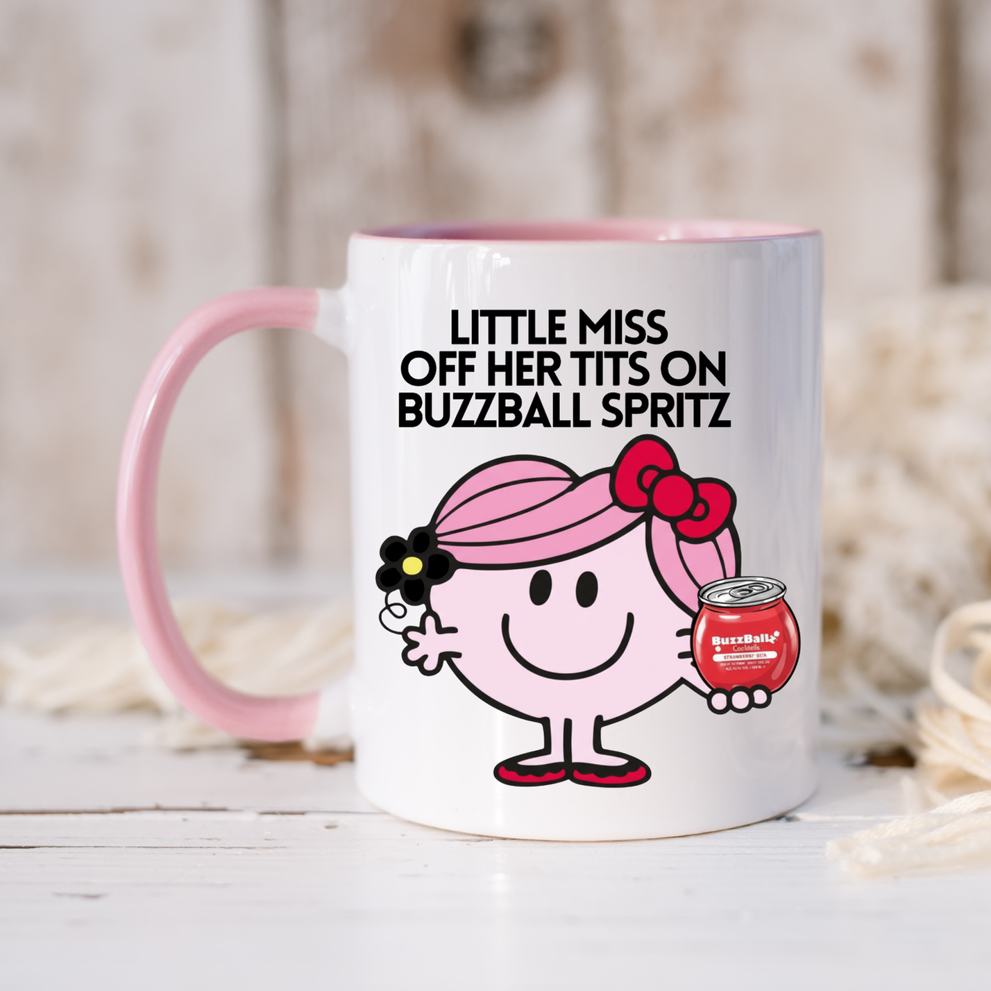 Novelty Little Miss ' Off Her Tits on Buzzball Spritz' Character Mug 11oz