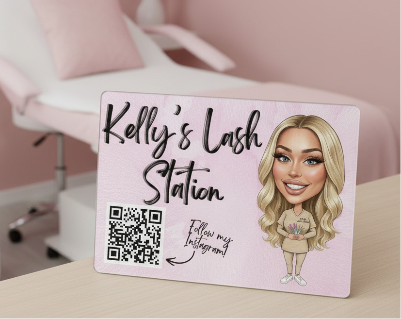 Beauty station with 'Kelly's Lash Station' sign featuring a caricature of a woman.