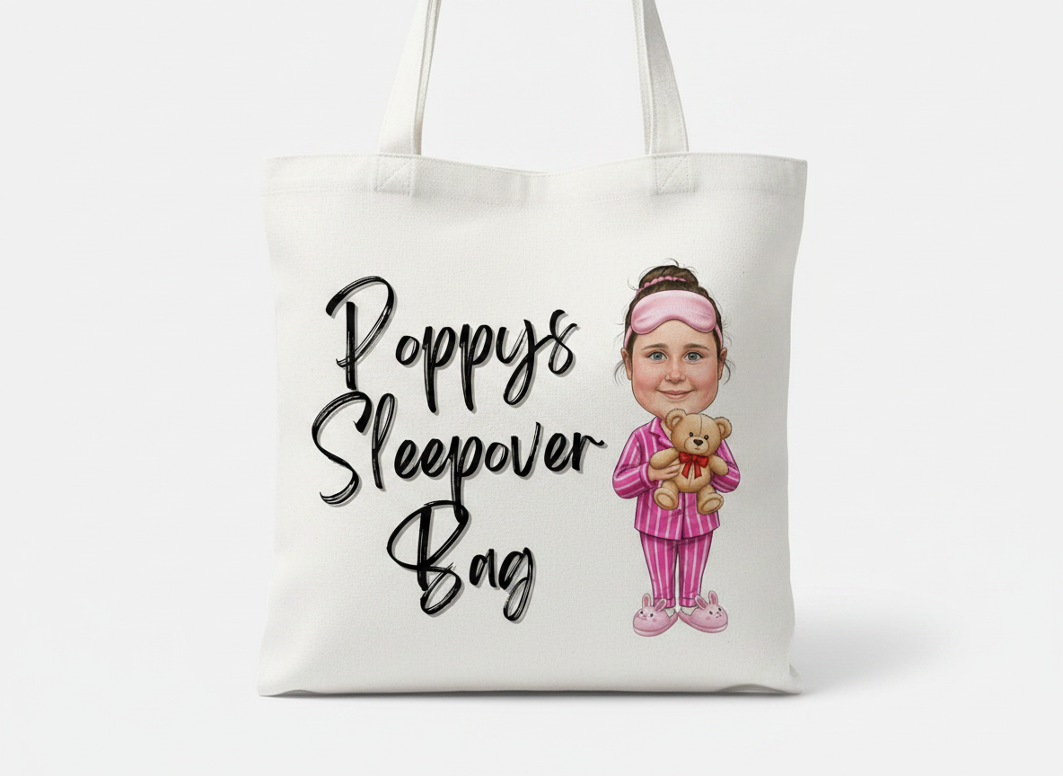 Personalised Cartoon Novelty Children's White Sleepover Tote Bag
