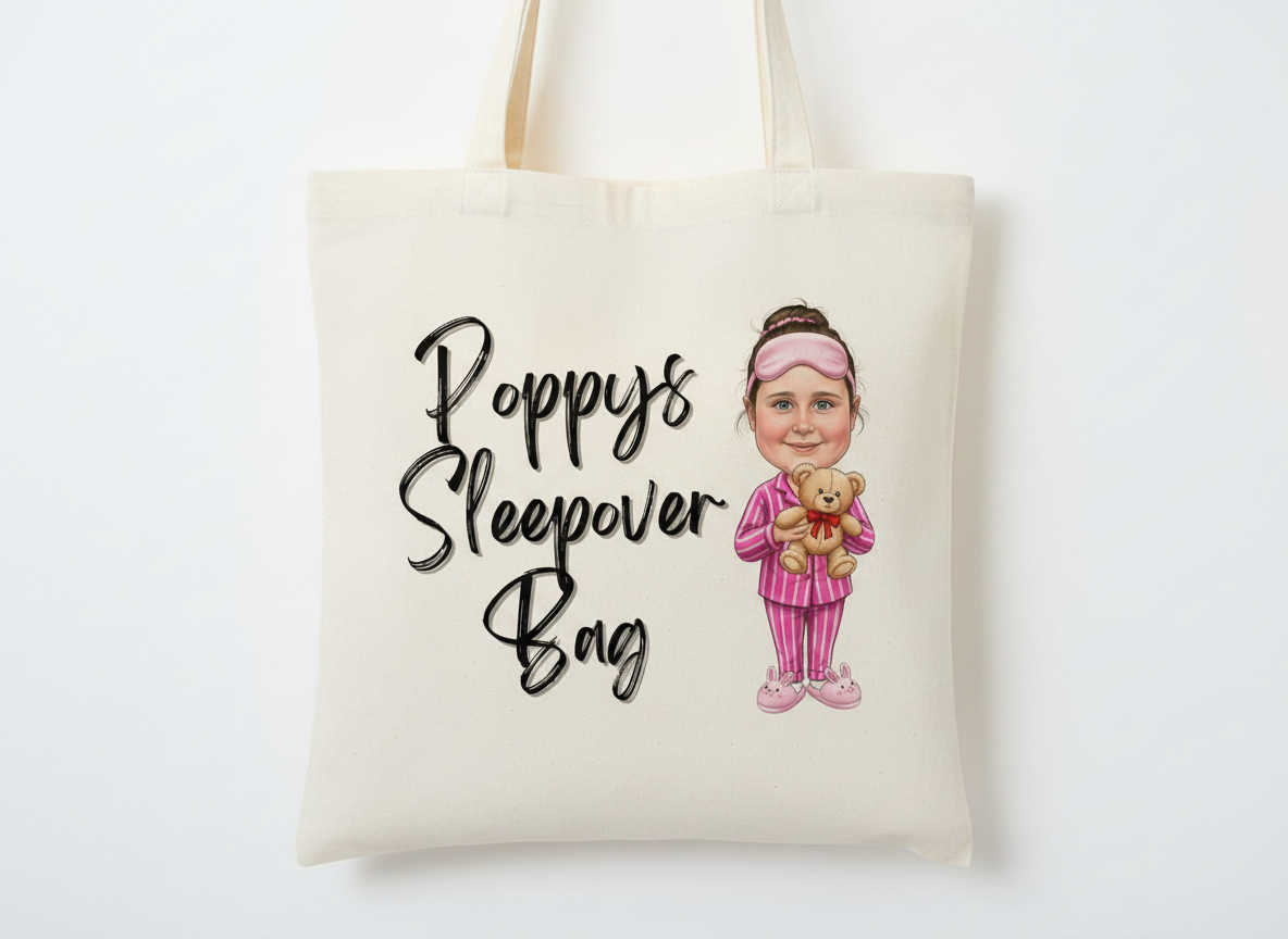 Personalised Cartoon Novelty Children's White Sleepover Tote Bag