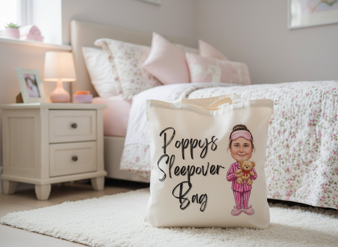 Personalised Cartoon Novelty Children's White Sleepover Tote Bag