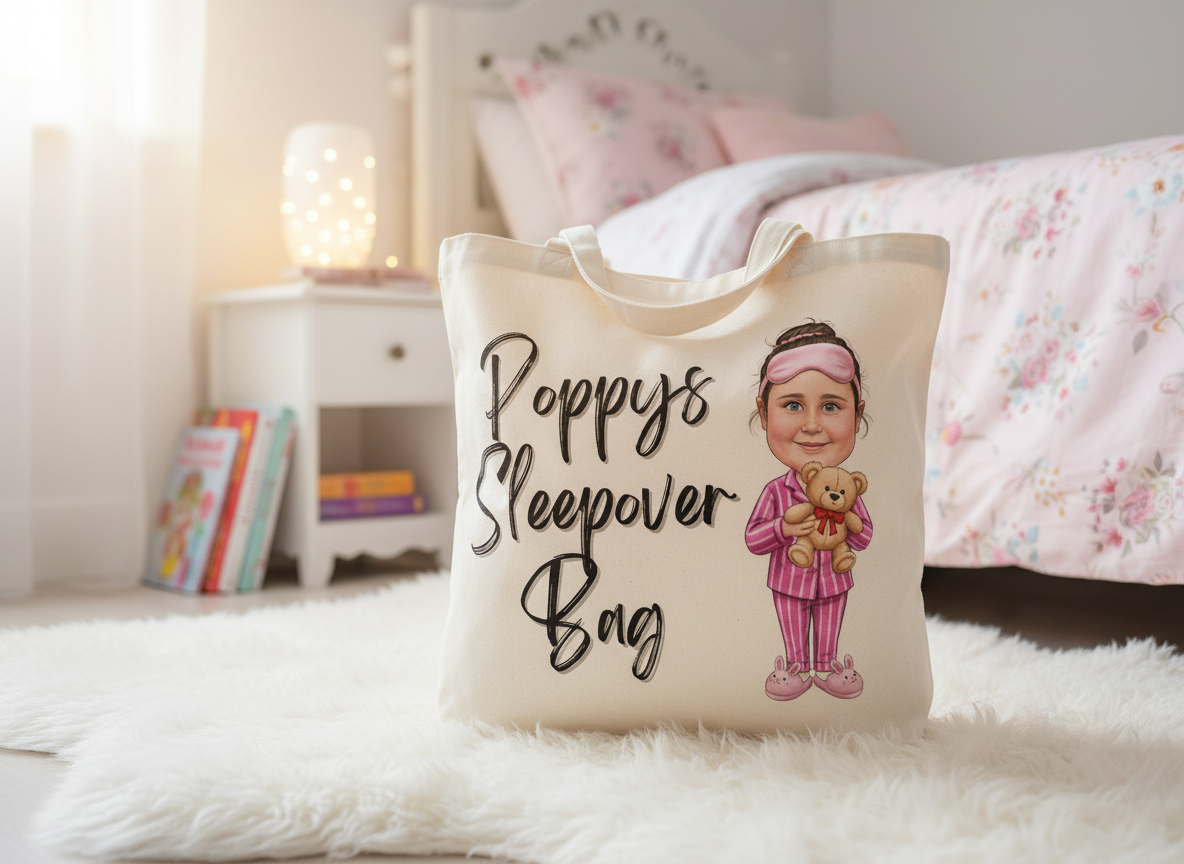 Personalised Cartoon Novelty Children's White Sleepover Tote Bag