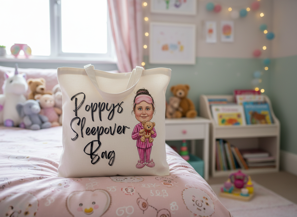 Personalised Cartoon Novelty Children's White Sleepover Tote Bag