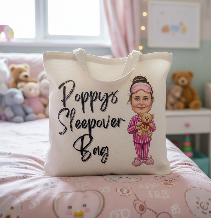 Tote bag with 'Poppys Sleepover Bag' design in a child's bedroom