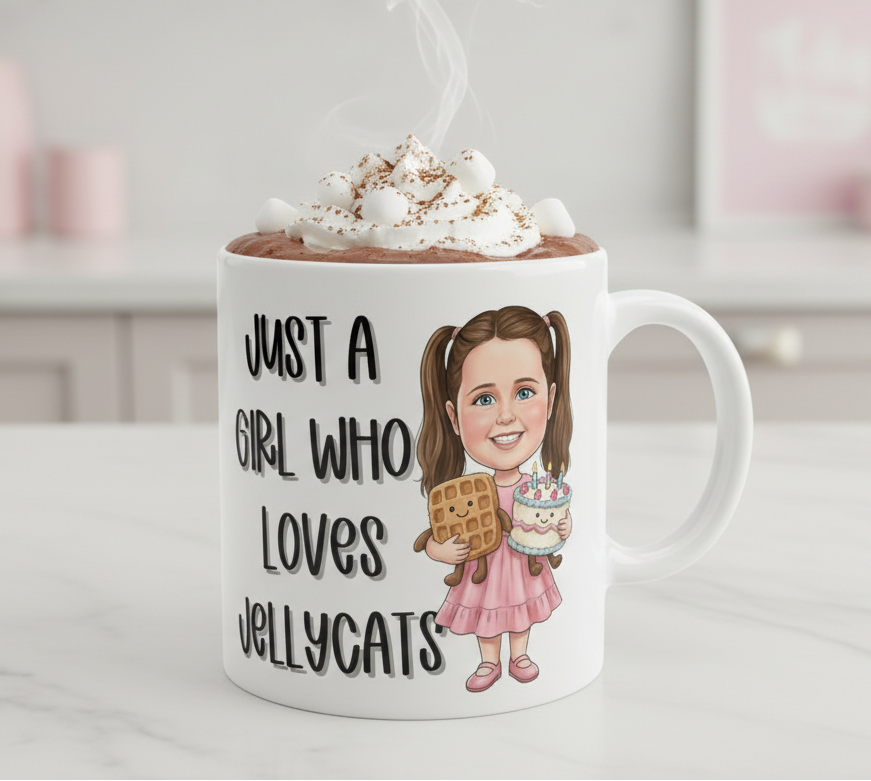 Mug with cartoon character and text 'Just a girl who loves jellycats' filled with hot chocolate.