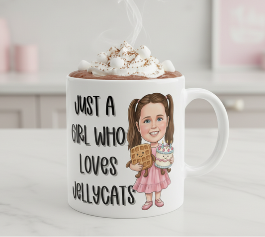 Mug with cartoon character and text 'Just a girl who loves jellycats' filled with hot chocolate.