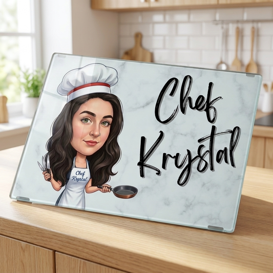 Personalised Chef Cartoon Novelty Chopping Glass Board