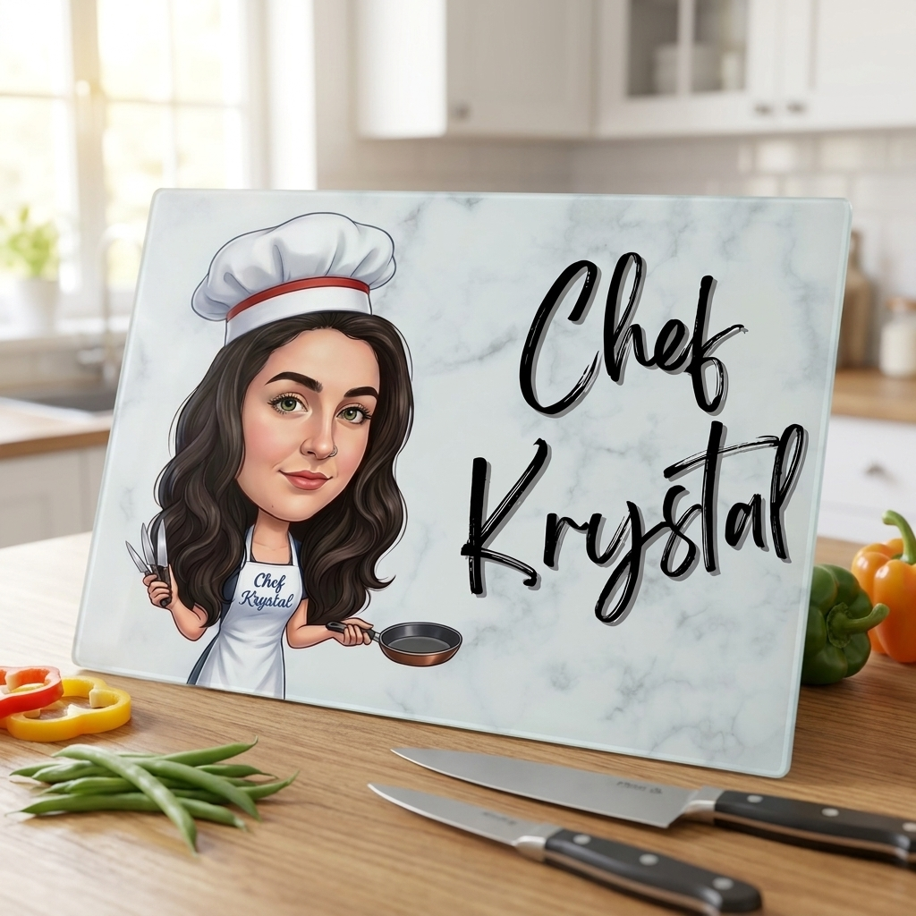 Personalised Chef Cartoon Novelty Chopping Glass Board