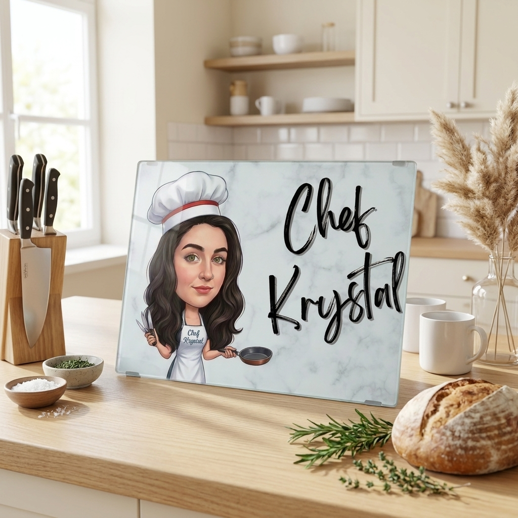 Personalised Chef Cartoon Novelty Chopping Glass Board